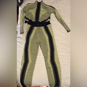 Fashion Nova Black and Neon Green Striped Two piece suit